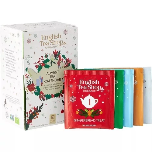 English Tea Shop Adventi teaválogatás filterek a teadoboz mellett