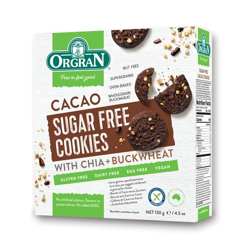 Orgran gluténmentes és cukormentes vegán kakaós  keksz chia maggal 130g